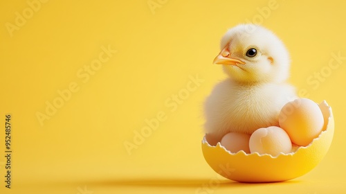 A cute yellow chick peeks out of its eggshell surrounded by eggs, set against a bright yellow background, symbolizing new beginnings.