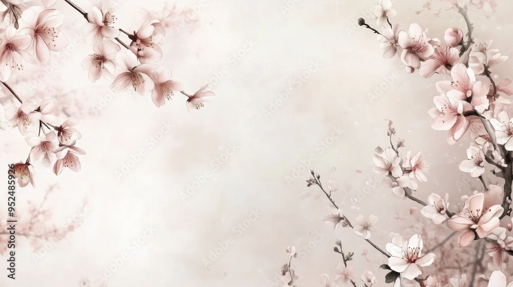 A traditional Chinese silk wallpaper with a repeating pattern of delicate cherry blossoms in soft pinks and whites. The blossoms are intricately detailed, with slender branches and subtle shading