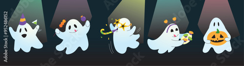 flat vector illustration of cheerful ghosts with bright party things on dark background with colored lights