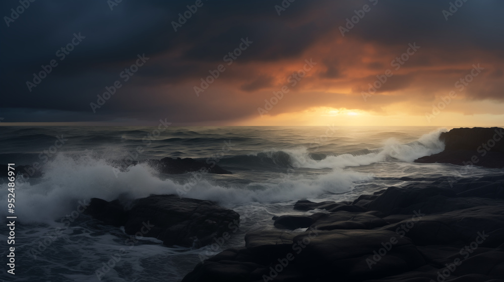 Sunset Over Stormy Ocean Waves Crashing Against Rocky Cliffs Sunset Over Stormy Ocean Waves Crashing Against Rocky Cliffs