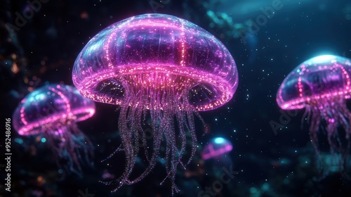 Mesmerizing glowing pink jellyfish float gracefully in the deep ocean, illuminating the dark water with their bioluminescent tentacles.