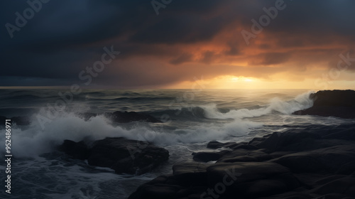 Sunset Over Stormy Ocean Waves Crashing Against Rocky Cliffs