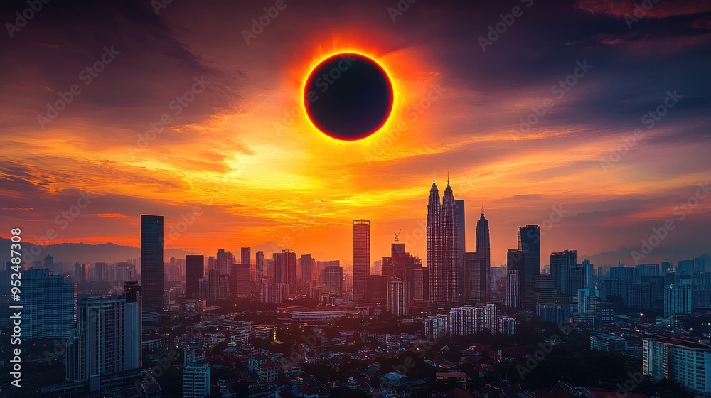Fototapeta premium Dramatic view of a partial annular solar eclipse over Kuala Lumpur, with vivid colors highlighting the celestial event against the skyline