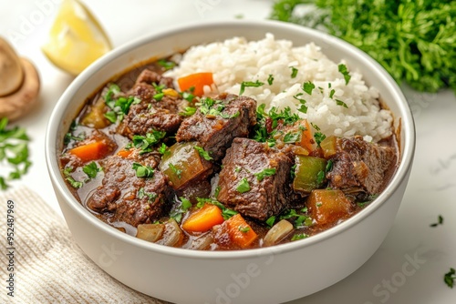 Beef Stew with Carrots, Peppers, and Onions Served with Rice