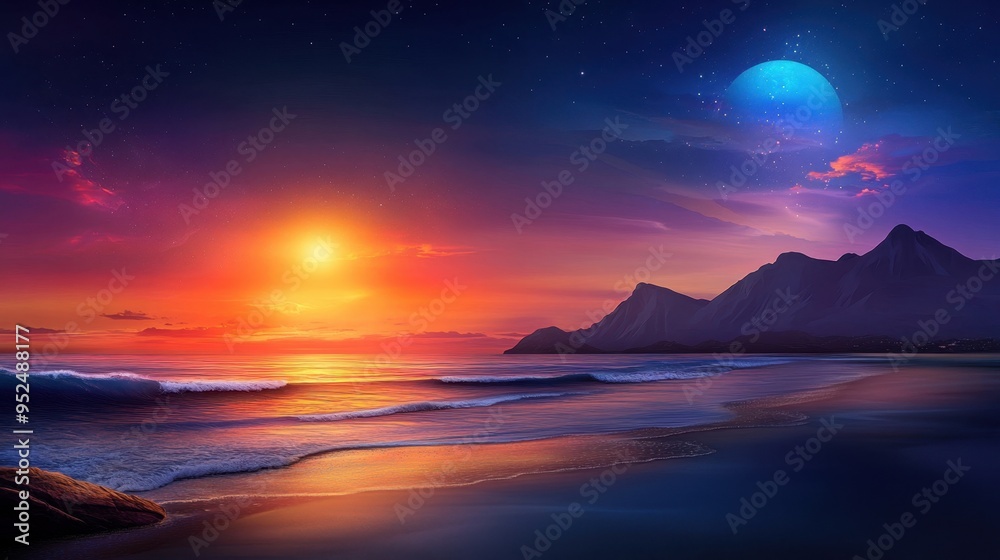 Fototapeta premium Tropical beach at sunset, glowing horizon
