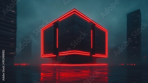 A night view of a contemporary building with bold red neon outlines and cozy interior lighting, giving off a futuristic vibe.
