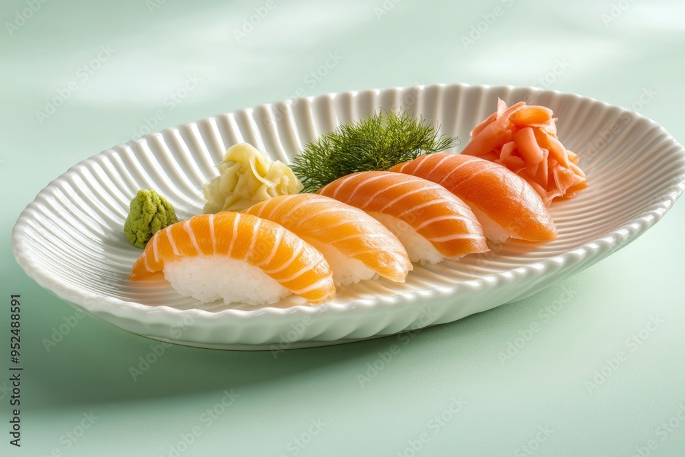 Salmon Sushi Nigiri on a White Plate with Garnishes Salmon Sushi Nigiri on a White Plate with Garnishes
