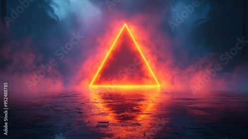 3D render of an abstract background with glowing neon light inside a cloud and neon triangular shape