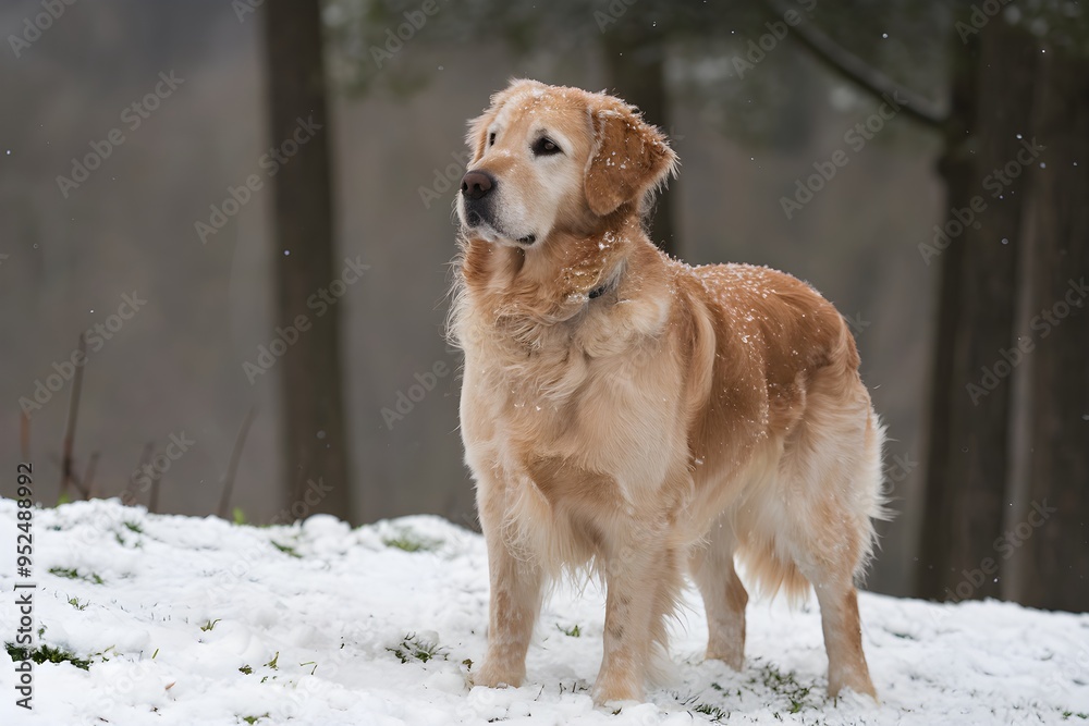 Brave Golden Retriever in snow, fur dusted, eyes focused on the distance Brave Golden Retriever in snow, fur dusted, eyes focused on the distance