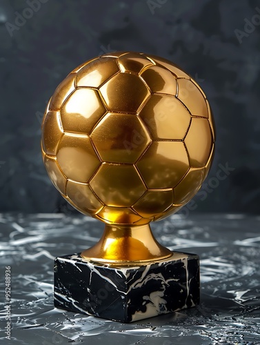 shiny gold color soccer ball statue trophy in an isolated background. The concept of football, award, championship. AI generated