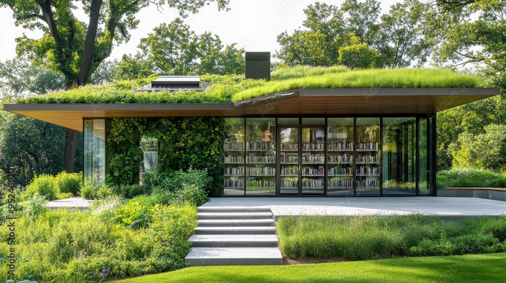 Modern library building with a green roof and glass walls, surrounded by nature. Modern library building with a green roof and glass walls, surrounded by nature.