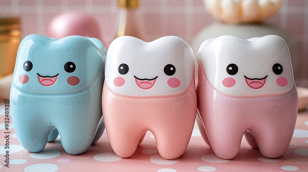 Obraz premium Three cute cartoon teeth in different colors.