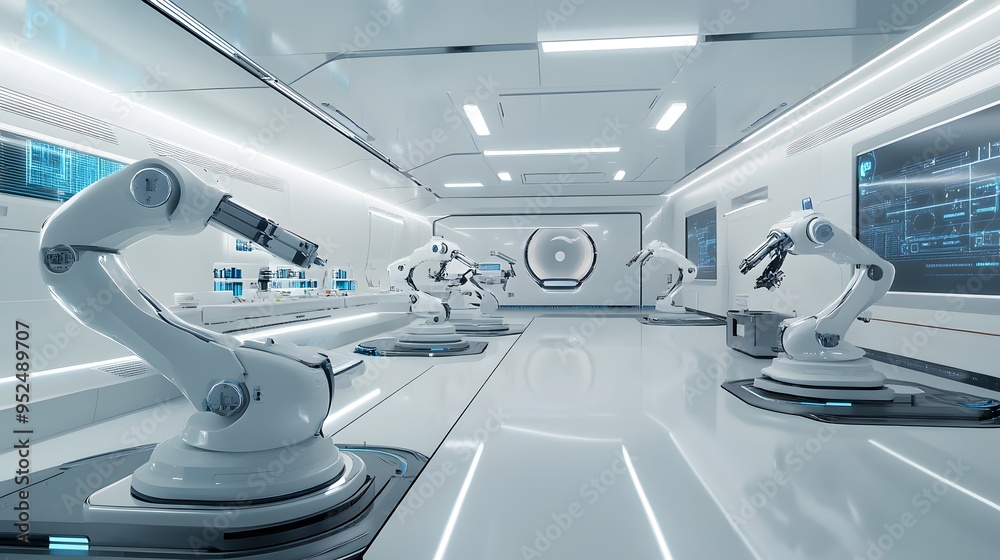 Futuristic robot lab with advanced assembly and holographic displays Clean lines high-tech minimalist sterile environment detailed 3D robots Futuristic robot lab with advanced assembly and holographic displays Clean lines high-tech minimalist sterile environment detailed 3D robots