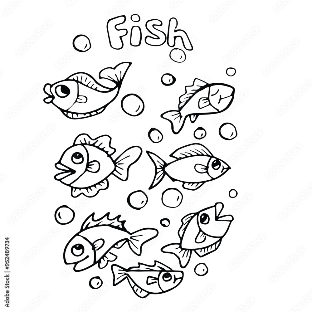 Cute fish doodle set. Vector collection of cartoon outline sea abodes. Doodle black and white illustration for kids. Cute fish doodle set. Vector collection of cartoon outline sea abodes. Doodle black and white illustration for kids.