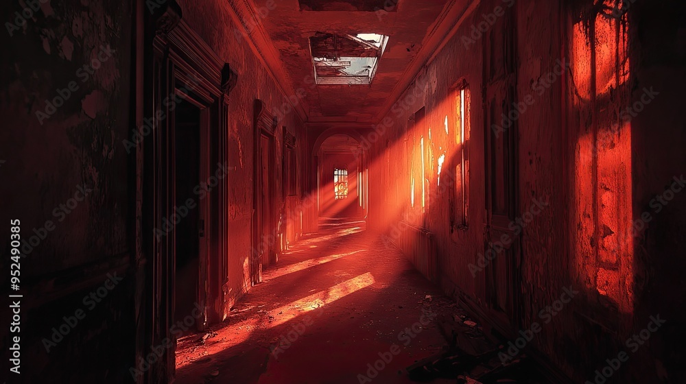 Fiery light illuminates a mysterious corridor in an abandoned building, creating an enigmatic atmosphere during the evening hours Fiery light illuminates a mysterious corridor in an abandoned building, creating an enigmatic atmosphere during the evening hours