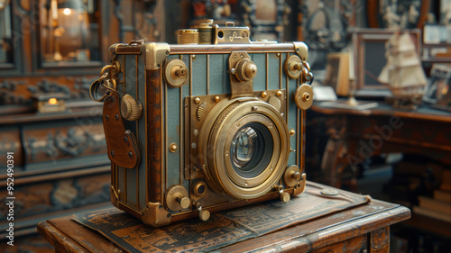 Wallpaper Mural camera in a vintage style, brass and wood materials, intricate engravings, displayed on an antique wooden table with soft, Torontodigital.ca