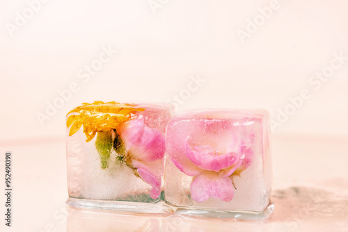 Two flowers are frozen in ice cubes, fresh pink roses with colorful petals.