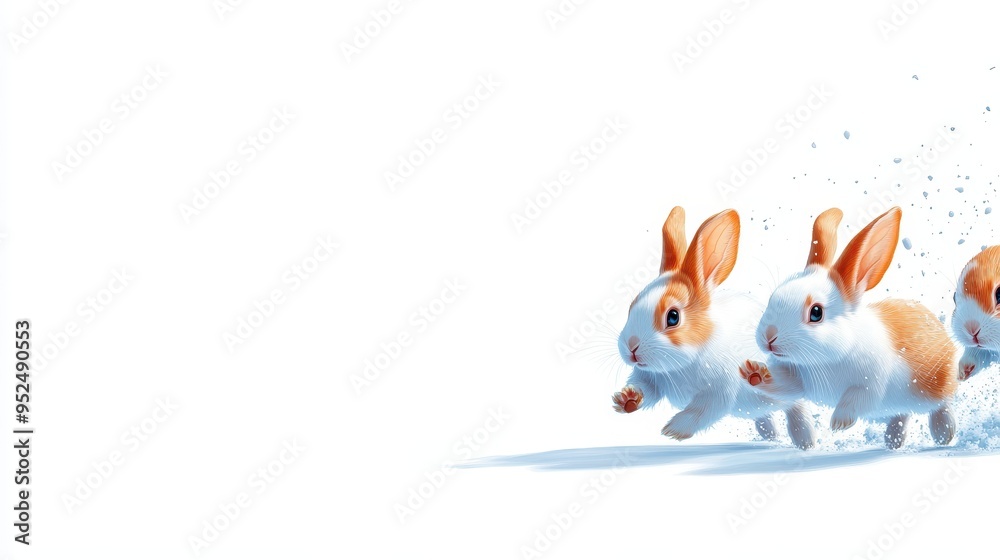 Obraz premium Three adorable rabbits running playfully across a white background, showcasing joy and energy in a delightful scene.