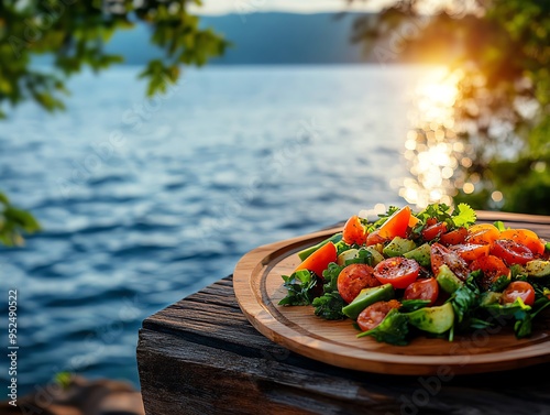 A fresh salad of Burundian green beans, tomatoes, and avocado, arranged on a handcarved wooden plate, with Lake Tanganyika s calm waters in the background photo