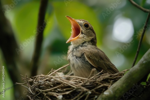 Baby bird with open mouth in nest. Perfect for articles about parenting, wildlife, or nature.