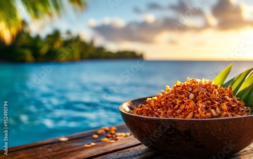 A hearty bowl of Tokelauan fekei, made from taro and coconut, served in a traditional leaf wrap with the calm, blue waters of the South Pacific visible in the distance photo