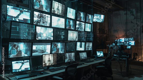 A high-tech security control room with multiple monitors displaying various security camera feeds, showcasing a modern surveillance setup in a dimly lit environment.