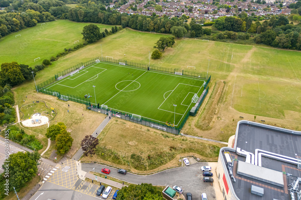 Aerial drone shot of a football pitch in the middle of a park in Bishops Stortford Aerial drone shot of a football pitch in the middle of a park in Bishops Stortford