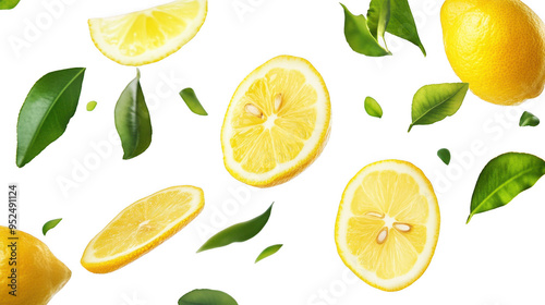 Yellow lemon slices falling with green leaves isolated on transparent background for graphic design or wallpaper. Fruits that are citrus and high in vitamin C. 