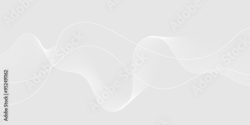 Abstract white wave dynamic curve lines on gray background with flowing particles. Digital energy waves technology concept. Modern backdrop design for business, presentation, banner.