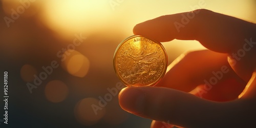 A hand holds a gold coin at sunset.
