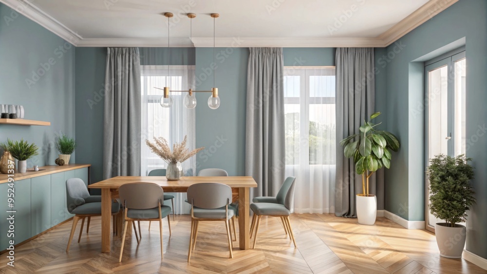 Fototapeta premium A minimalist room with a light blue-gray accent wall and wooden parquet flooring. 
