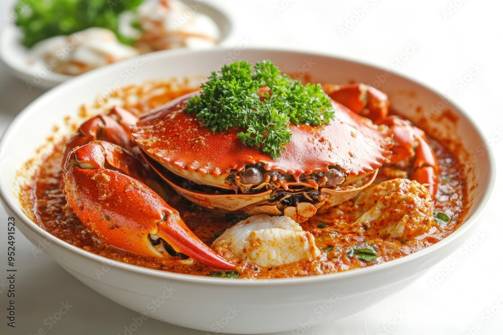 Steamed Crab in Spicy Chili Sauce with Parsley Garnish Steamed Crab in Spicy Chili Sauce with Parsley Garnish