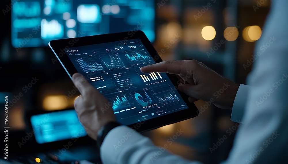Businessperson Controlling a Digital Dashboard with Graphs and Statistics in a High-Tech Office Businessperson Controlling a Digital Dashboard with Graphs and Statistics in a High-Tech Office