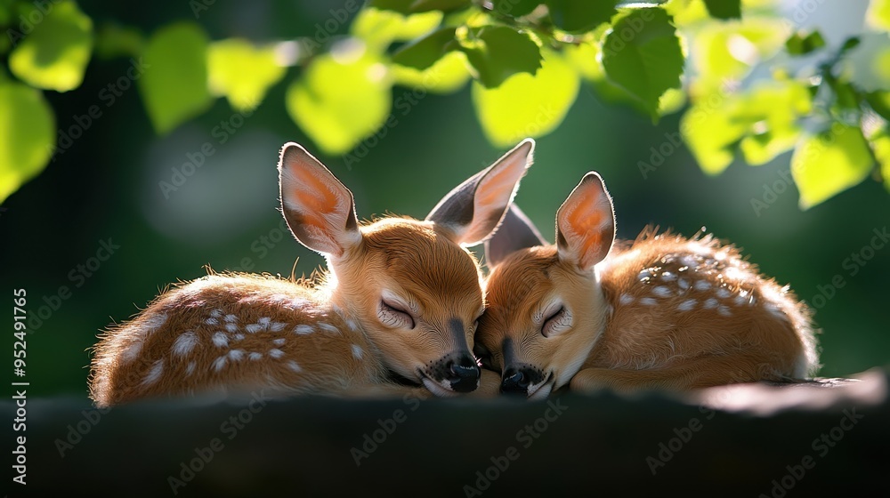 Fototapeta premium Two adorable fawns cuddling peacefully in a sunlit forest. A serene moment of wildlife beauty and innocence captured in nature.