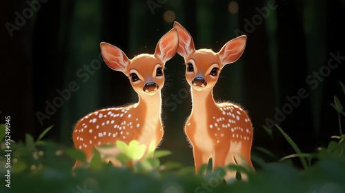 Two adorable fawns illuminated by soft light in a lush forest, perfectly capturing the essence of nature's beauty.