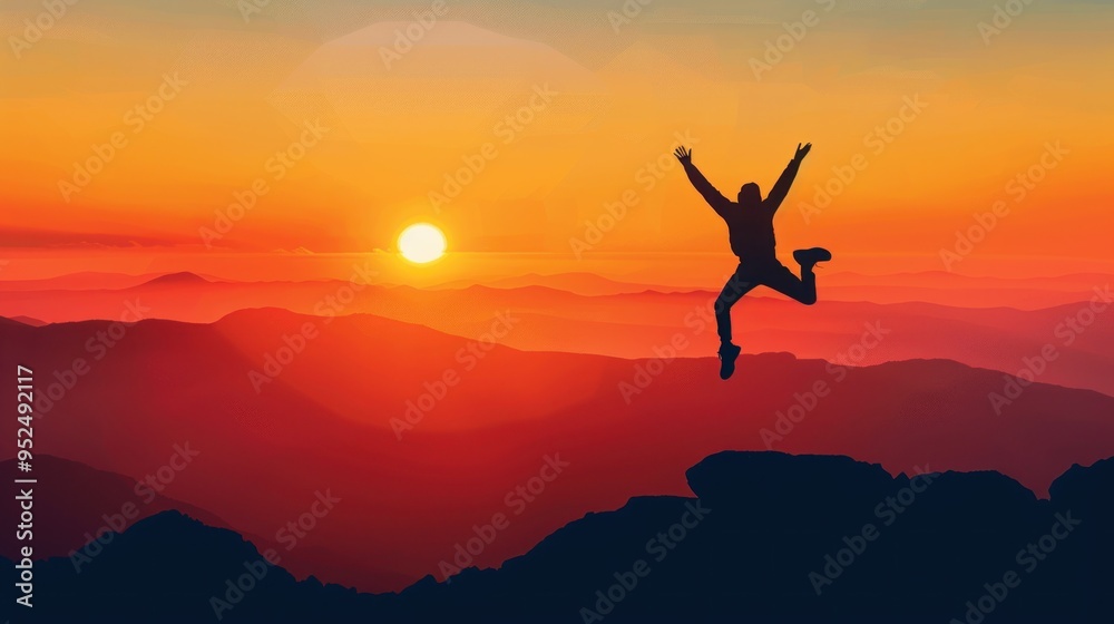 Silhouette of a Person Jumping Over Mountain Range at Sunset Silhouette of a Person Jumping Over Mountain Range at Sunset