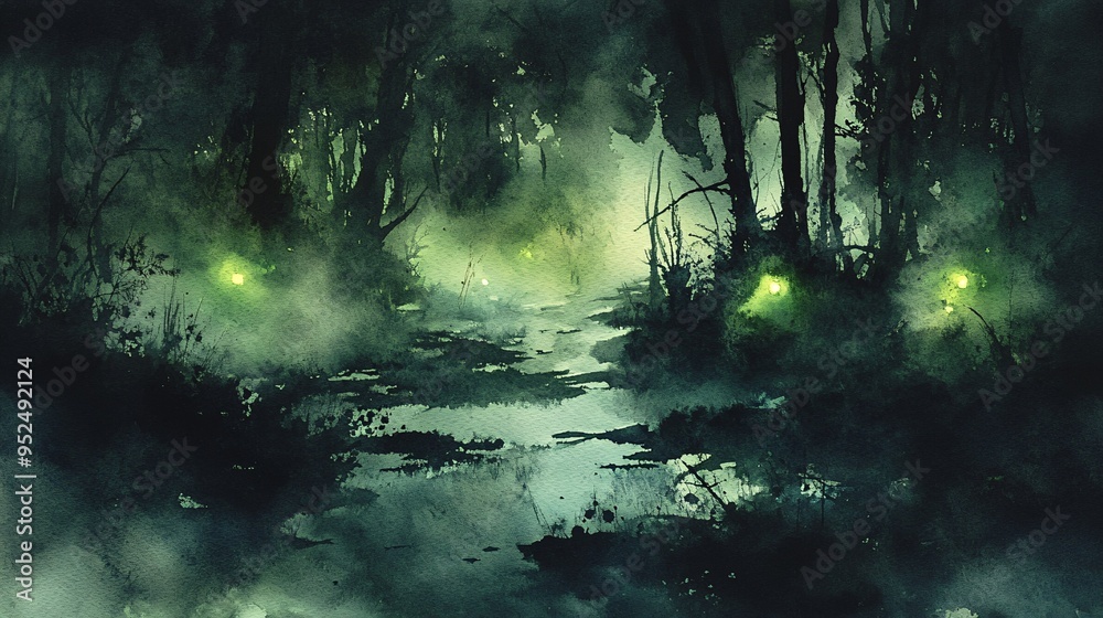 Enigmatic Green Lights: Watercolor Painting of a Mysterious Misty Swamp Enigmatic Green Lights: Watercolor Painting of a Mysterious Misty Swamp