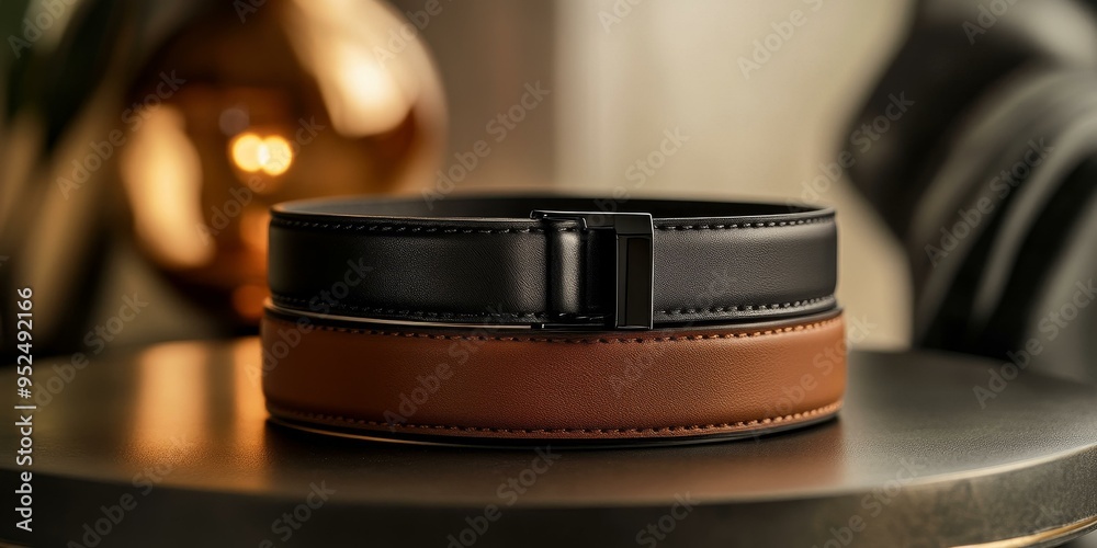 Fototapeta premium Two leather belts, one brown and one black.