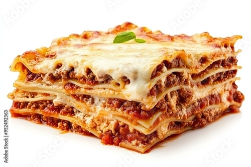 Rich and Creamy Lasagna: Layered with Bolognese Sauce, Bechamel, and Melty Cheese. isolated on white background