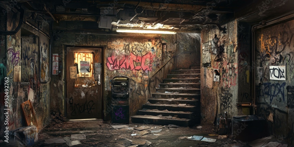 Dark, graffiti-covered hallway with stairs. Dark, graffiti-covered hallway with stairs.