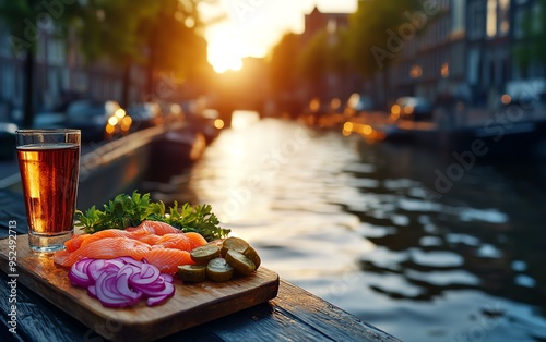 A platter of Dutch herring, served with pickles and onions, arranged on a rustic board with the backdrop of Amsterdam s canals and narrow, gabled houses photo