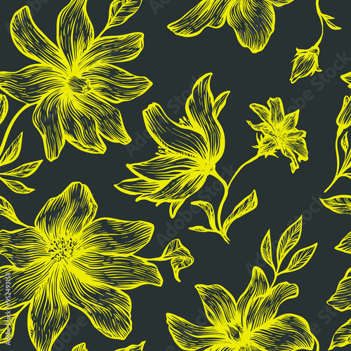 Seamless floral vector laconic black and yellow handmade ink drawing for fabric design, decor, ceramics, greeting cards, flowers, texture print for backgrounds