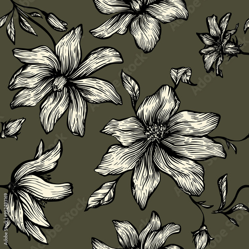 Seamless floral vector laconic retro style linear petals, flowers and branches for fabric design, decor, ceramics, greeting cards, flowers, texture print on brown background