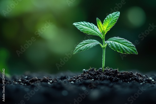 Young Cannabis Plant Growing in Soil with Green Background