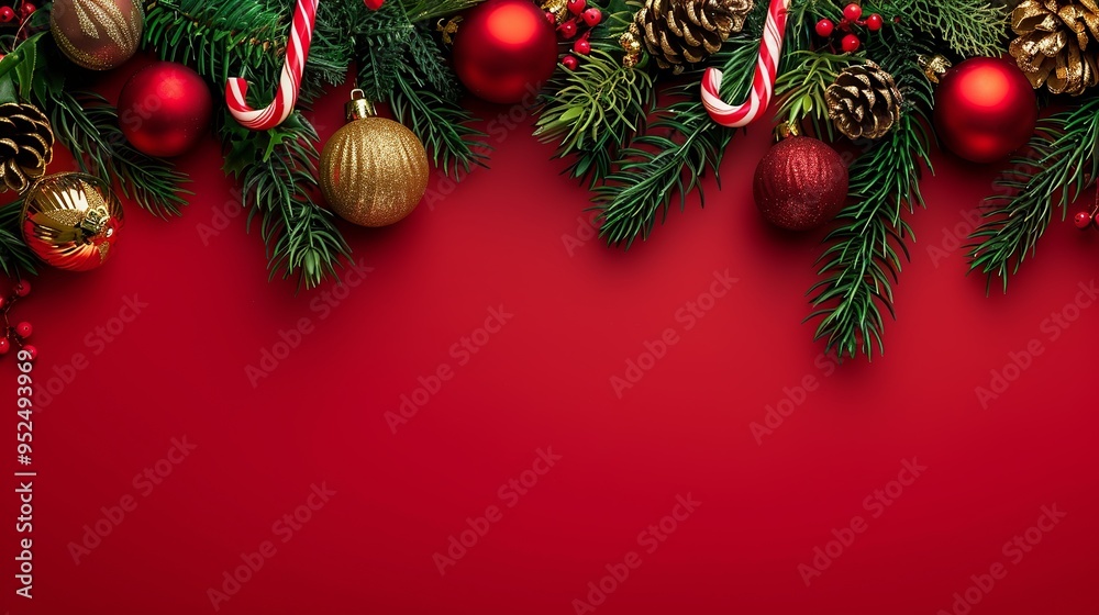 Festive Christmas Background with Red and Gold Ornaments, Pine Branches, and Candy Cane on Red Backdrop with Space for Text, Featuring Sparkling Lights and Holiday Decorations Festive Christmas Background with Red and Gold Ornaments, Pine Branches, and Candy Cane on Red Backdrop with Space for Text, Featuring Sparkling Lights and Holiday Decorations
