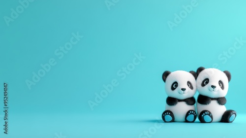 Two adorable panda figurines sit together against a vibrant blue background, perfect for children's themes and nature lovers.