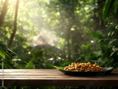 A spread of Vanuatuan lap lap, baked in banana leaves, served on a rustic wooden table with the dense jungle and a smoking volcano visible in the background photo