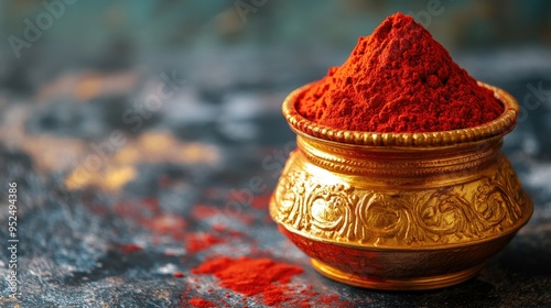 A close-up of traditional Hindu sindoor (vermilion) in a container, with copy space. photo