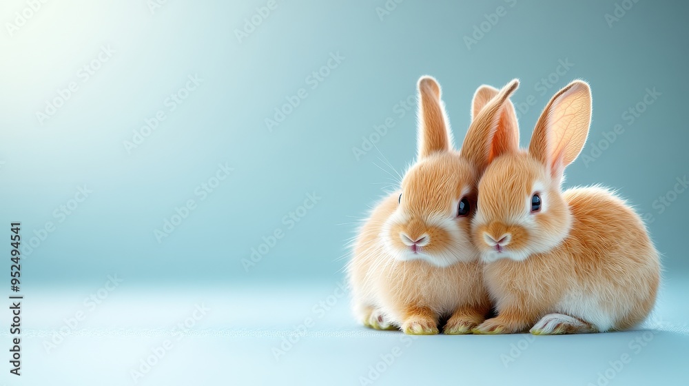 Fototapeta premium Two adorable rabbits cuddling together, showcasing their soft fur and gentle eyes in a serene setting.