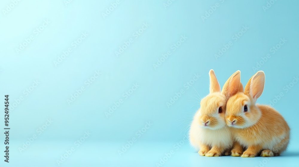 Obraz premium Two adorable rabbits cuddle together against a soft blue background, symbolizing love and companionship.